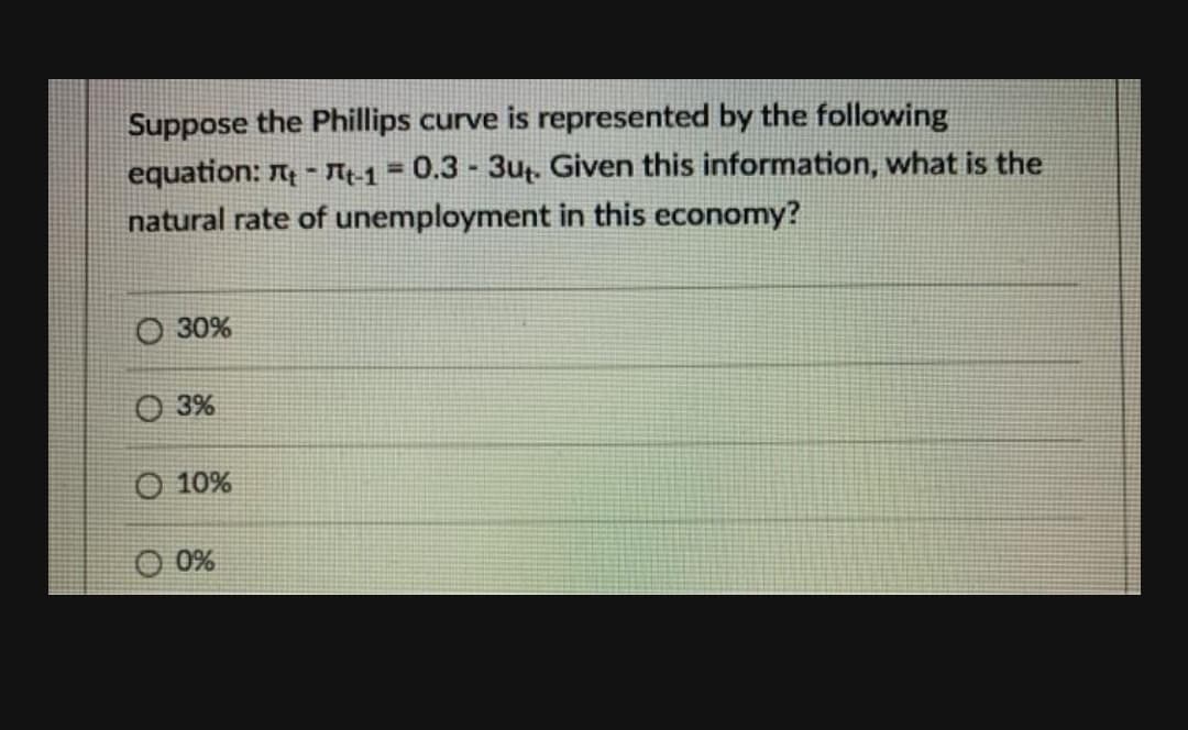 Suppose the Phillips curve is represented by the following
equation: n - M1 = 0.3 - 3ut. Given this information, what is the
natural rate of unemployment in this economy?
%3D
30%
O 3%
O 10%
O 0%

