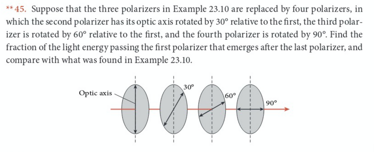 ** 45. Suppose that the three polarizers in Example 23.10 are replaced by four polarizers, in
which the second polarizer has its optic axis rotated by 30° relative to the first, the third polar-
izer is rotated by 60° relative to the first, and the fourth polarizer is rotated by 90°. Find the
fraction of the light energy passing the first polarizer that emerges after the last polarizer, and
compare with what was found in Example 23.10.
000
30°
Optic axis
60°
90°
