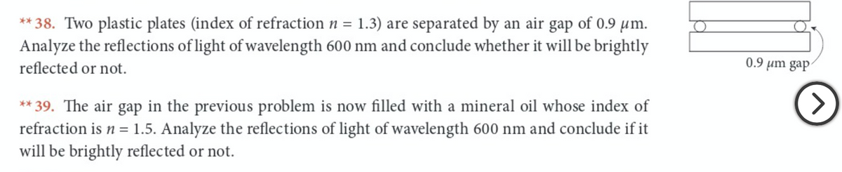 ** 38. Two plastic plates (index of refraction n = 1.3) are separated by an air gap of 0.9 µm.
Analyze the reflections of light of wavelength 600 nm and conclude whether it will be brightly
reflected or not.
0.9 um gap
<>
** 39. The air gap in the previous problem is now filled with a mineral oil whose index of
refraction is n = 1.5. Analyze the reflections of light of wavelength 600 nm and conclude if it
will be brightly reflected or not.
