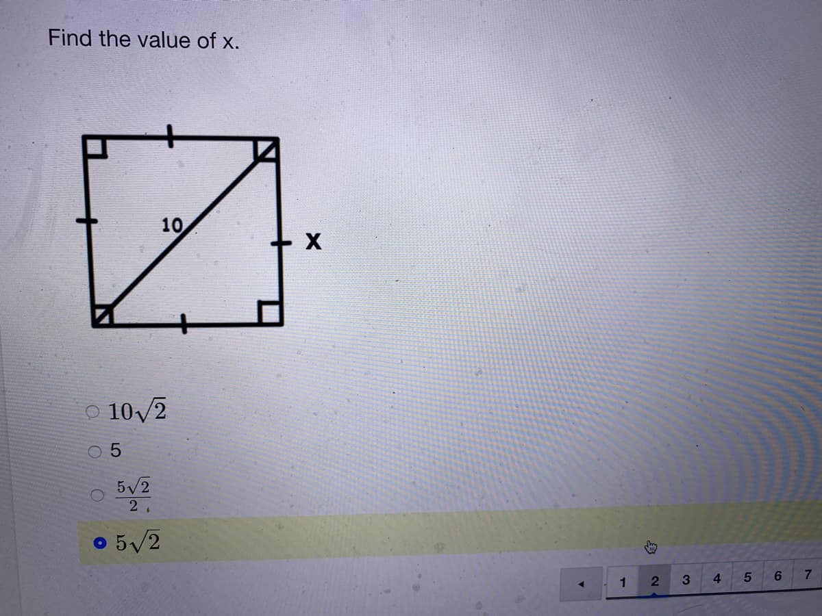 Find the value of x.
10
X
O 10/2
5/2
2
o 5/2
4.
6.
1

