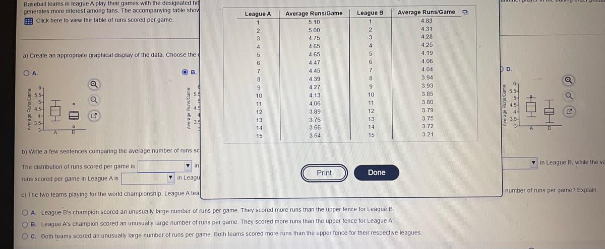 Baseball teams in league A play their games with the designated hit
generates more interest among fans. The accompanying table show
E Click here to view the table of runs scored per game.
League A
Average Runs/Game
League B
Average Runs/Game
5.10
4.83
2
5.00
4.31
3
4.75
3
4.28
4
4.65
4
4.25
a) Create an appropriate graphical display of the data. Choose the e
4.65
4.19
6
4.47
4.06
7
4.45
4.04
D D.
OA.
OB.
8.
4.39
8.
3.94
6-
9.
4.27
3.93
5.5-
10
4.13
10
3.85
5-
5-
11
4.06
11
3.80
12
3.89
12
3.79
13
3.76
13
3.75
3,5-
3.5-
14
3.66
14
3.72
15
3.64
15
3.21
b) Write a few sentences comparing the average number of runs sc
v in League B, while the va
The distribution of runs scored per game is
in
Print
Done
runs scored per game in League A is
in Leagu
number of runs per game? Explain.
c) The two teams playing for the world championship, League A tea
O A. League B's champion scored an unusually large number of runs per game. They scored more runs than the upper fence for League B
O B. League A's champion scored an unusually large number of runs per game. They scored more runs than the upper fence for League A
C. Both teams scored an unusually large number of runs per game. Both teams scored more runs than the upper fence for their respective leagues.
Average Runs/Game
verage Runs/Game
HIH-
