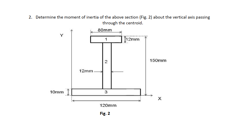 2. Determine the moment of inertia of the above section (Fig. 2) about the vertical axis passing
through the centroid.
80mm
Y
12mm
150mm
12mm.
10mm 1
120mm
Fig. 2
