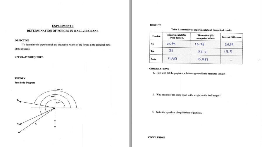 EXPERIMENT 3
RESULTS
DETERMINATION OF FORCES IN WALL JIB CRANE
Table 2. Summary of experimental and theoretical results
Experimental (N)
-from Table 1.
Theoretical (N)
computed values
Tension
Percent Difference
OBJECTIVE
To determine the experimental and theoretical values of the forces in the principal parts
10.79
16.78
35,69
of the jib crane.
T
32
37.17
13,9
APPARATUS REQUIRED
15981
15.981
Taring
OBSERVATIONS
1. How well did the graphical solutions agree with the measured values?
THEORY
Free body Diagram
175.5
2. Why tension of the string equal to the weight on the load hanger?
207
3. Write the equations of equilibrium of particles.
CONCLUSION
