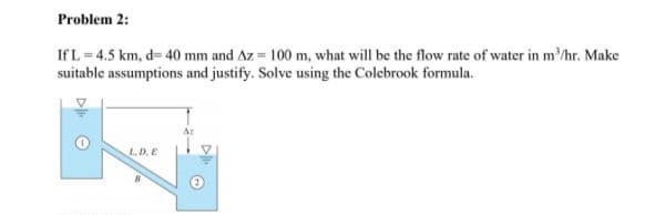 Problem 2:
IfL = 4.5 km, d= 40 mm and Az = 100 m, what will be the flow rate of water in m/hr. Make
suitable assumptions and justify. Solve using the Colebrook formula.
L. D. E
