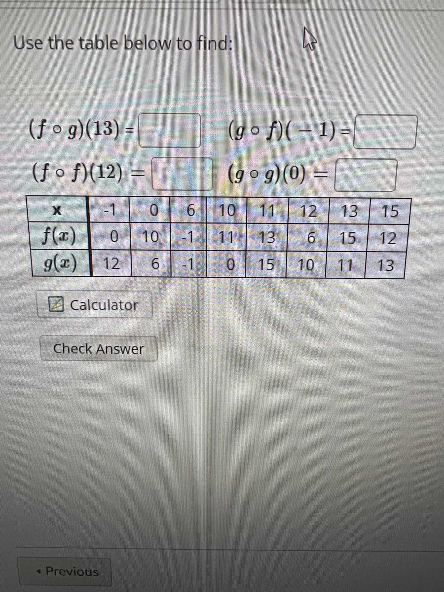 Use the table below to find:
(fog)(13) =
(fof)(12)
-1
f(x)
g(x) 12
Calculator
< Previous
0 10
Check Answer
0 6
6 -1
(gof)(-1)=
(gog)(0) =
10
11
13
0 15
12
13 15
6 15
12
10 11 13