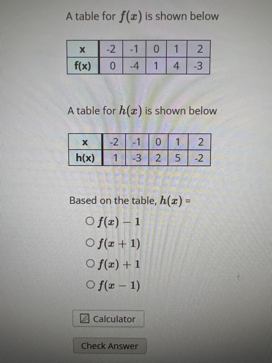 A table for f(x) is shown below
X
f(x)
-2
0
4
0
1
1 4
Based on the table, h(x) =
Of(x) - 1
Of(x + 1)
Of(x) + 1
Of(x - 1)
Calculator
NM
A table for h(™) is shown below
Check Answer
2
-2 -1 0 1 2
h(x) 1 -3 2 5 -2
-3