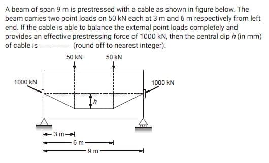 A beam of span 9 m is prestressed with a cable as shown in figure below. The
beam carries two point loads on 50 kN each at 3 m and 6 m respectively from left
end. If the cable is able to balance the external point loads completely and
provides an effective prestressing force of 1000 kN, then the central dip h (in mm)
of cable is
(round off to nearest integer).
50 KN
50 kN
1000 KN
3 m-
m
9 m
1000 KN