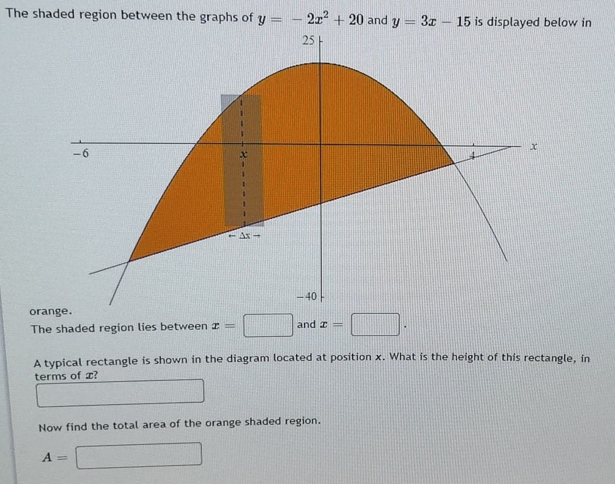 The shaded region between the graphs of y
2x + 20 and y = 3x – 15 is displayed below in
25
-40
orange.
and I =
The shaded region lies between =
A typical rectangle is shown in the diagram located at position x. What is the height of this rectangle, in
terms of æ?
Now find the total area of the orange shaded region.
A =
