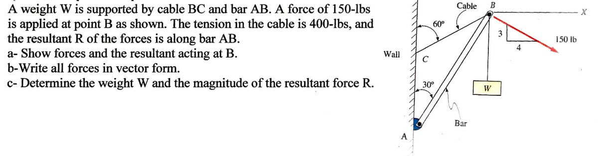 Cable
B
A weight W is supported by cable BC and bar AB. A force of 150-lbs
is applied at point B as shown. The tension in the cable is 400-lbs, and
the resultant R of the forces is along bar AB.
a- Show forces and the resultant acting at B.
b-Write all forces in vector form.
60°
3
150 lb
4
Wall
c- Determine the weight W and the magnitude of the resultant force R.
30°
W
Bar
