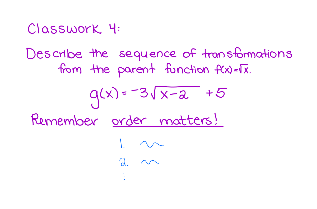 Classwork 4:
Describe the sequence of transformations
from the parent function f(x)=√x.
g(x) = −3√x-2 +5
Remember order matters!
1.
2.
:
{
