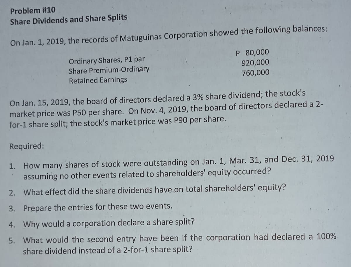 Problem #10
Share Dividends and Share Splits
On Jan. 1, 2019, the records of Matuguinas Corporation showed the following balances:
Ordinary Shares, P1 par
Share Premium-Ordinary
Retained Earnings
P 80,000
920,000
760,000
On Jan. 15, 2019, the board of directors declared a 3% share dividend; the stock's
market price was P50 per share. On Nov. 4, 2019, the board of directors declared a 2-
for-1 share split; the stock's market price was P90 per share.
Required:
How many shares of stock were outstanding on Jan. 1, Mar. 31, and Dec. 31, 2019
assuming no other events related to shareholders' equity occurred?
1.
2. What effect did the share dividends have. on total shareholders' equity?
3. Prepare the entries for these two events.
4. Why would a corporation declare a share split?
5. What would the second entry have been if the corporation had declared a 100%
share dividend instead of a 2-for-1 share split?
