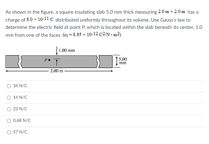 As shown in the figure, a square insulating slab 5.0 mm thick measuring 2.0 m x 2.0 m has a
charge of 8.0 x 10-11 C distributed uniformly throughout its volume. Use Gauss's law to
determine the electric field at point P, which is located within the slab beneath its center, 1.0
mm from one of the faces. (e0 = 8.85 × 10-12 C2/N • m²)
1.00 mm
P.
5.00
1.
mm
2.00 m
O 34 N/C
14 N/C
23 N/C
O 0.68 N/C
O 57 N/C
