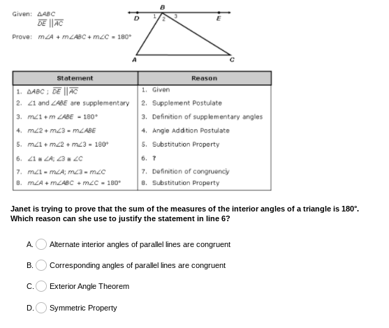 Given: AABC
DE ||AC
Prove: mLA + MLABC + mzC = 180*
Statement
Reason
1. AABC ; DE ||AC
1. Given
2. Supplement Postulate
3. Definition of supplementary angles
4. Angle Addition Postulate
5. Substitution Property
2. 41 and ZABE are supplementary
3. m21+m 2ABE - 180
4. m22 + m23 - MLABE
5. m21 + m22 + m23 - 180°
6. ?
7. Definition of congruency
8. Substitution Property
6. 41 a ZA; 3 a 2C
7. m21 - mLA; mL3 - m2c
8. mLA + MLABC + m2C - 180°
Janet is trying to prove that the sum of the measures of the interior angles of a triangle is 180°.
Which reason can she use to justify the statement in line 6?
A.
Alternate interior angles of parallel lines are congruent
Corresponding angles of parallel lines are congruent
Exterior Angle Theorem
D.
Symmetric Property
B.
C.
