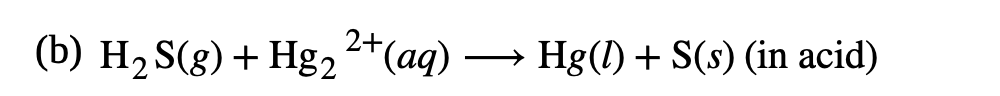 (b) H2 S(g) + Hg22*(aq) →
Hg(l) + S(s) (in acid)
