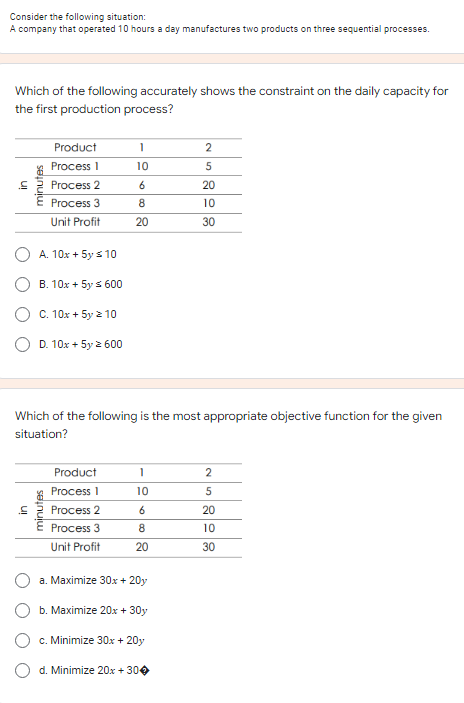 Consider the following situation:
A company that operated 10 hours a day manufactures two products on three sequential processes.
Which of the following accurately shows the constraint on the daily capacity for
the first production process?
Product
2
Process 1
10
Process 2
20
Process 3
8
10
Unit Profit
20
30
A. 10x + 5y s 10
B. 10x + 5y s 600
C. 10x + 5y 2 10
O D. 10x + 5y 2 600
Which of the following is the most appropriate objective function for the given
situation?
Product
2
Process 1
10
in
Process 2
20
Process 3
10
Unit Profit
20
30
a. Maximize 30x + 20y
b. Maximize 20x + 30y
c. Minimize 30x + 20y
d. Minimize 20x + 300
minutes
minutes
