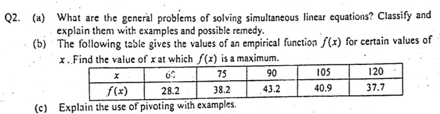 (a) What are the general problems of solving simultaneous linear equations? Classify and
explain them with examples and possible remedy.
