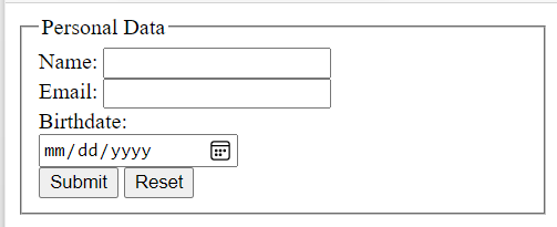 -Personal Data
Name:
Email:
Birthdate:
mm / dd/yyyy
Submit
Reset
