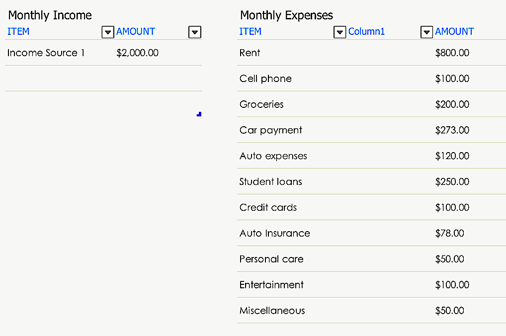 Monthly Income
Monthly Expenses
ITEM
AMOUNT
ITEM
- Column1
VAMOUNT
Income Source 1
$2,000.00
Rent
$800.00
Cell phone
$100.00
Groceries
$200.00
Car payment
$273.00
Auto expenses
$120.00
Student loans
$250.00
Credit cards
$100.00
Auto Insurance
$78.00
Personal care
$50.00
Entertainment
$100.00
MiscellaneoUS
$50.00
