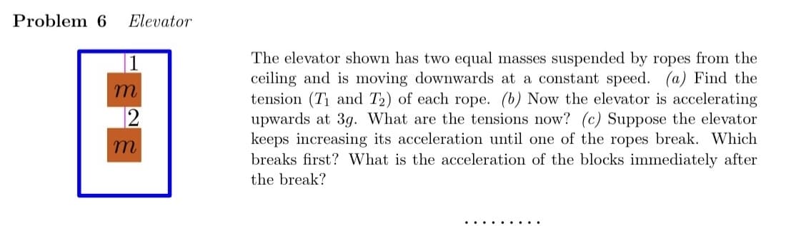 Problem 6 Elevator
m
2
m
The elevator shown has two equal masses suspended by ropes from the
ceiling and is moving downwards at a constant speed. (a) Find the
tension (T₁ and T2) of each rope. (b) Now the elevator is accelerating
upwards at 3g. What are the tensions now? (c) Suppose the elevator
keeps increasing its acceleration until one of the ropes break. Which
breaks first? What is the acceleration of the blocks immediately after
the break?