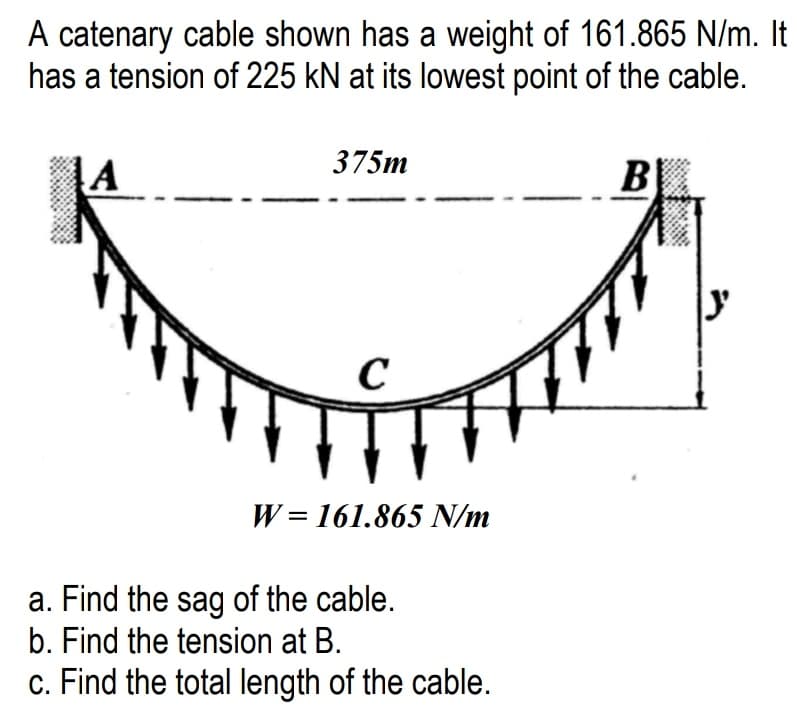 A catenary cable shown has a weight of 161.865 N/m. It
has a tension of 225 kN at its lowest point of the cable.
375m
LA
B
C
W = 161.865 N/m
a. Find the sag of the cable.
b. Find the tension at B.
c. Find the total length of the cable.
