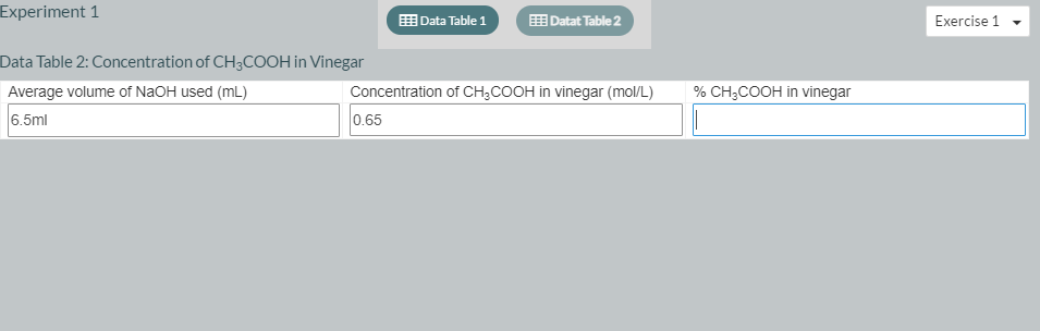 Experiment 1
田Data Table 1
E Datat Table 2
Еxercise 1
Data Table 2: Concentration of CH3COOH in Vinegar
Average volume of NAOH used (mL)
Concentration of CH3COOH in vinegar (mol/L)
% CH;COOH in vinegar
6.5ml
0.65
