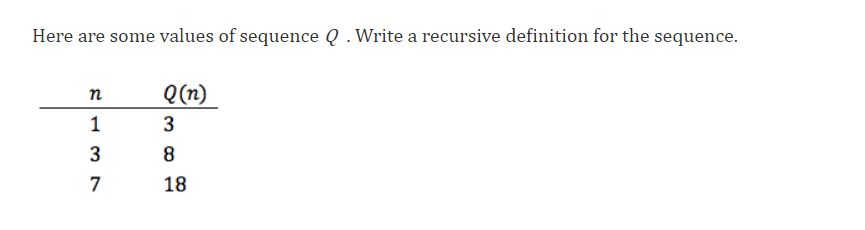 Here are some values of sequence Q . Write a recursive definition for the sequence.
п
Q(n)
1
3
3
8
7
18
