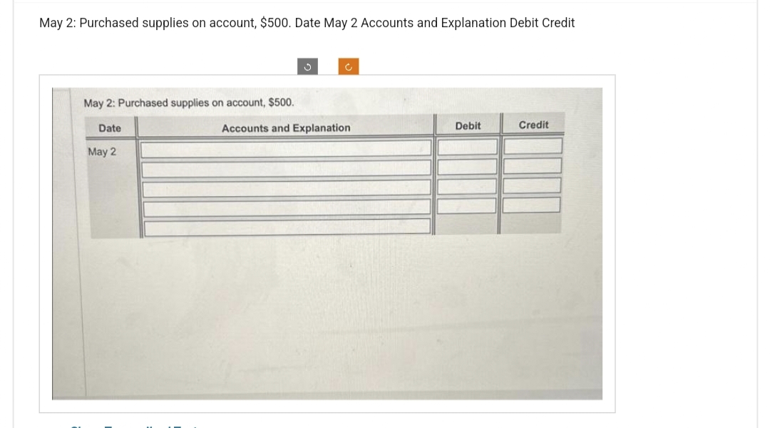 May 2: Purchased supplies on account, $500. Date May 2 Accounts and Explanation Debit Credit
May 2: Purchased supplies on account, $500.
Date
May 2
Accounts and Explanation
Debit
Credit