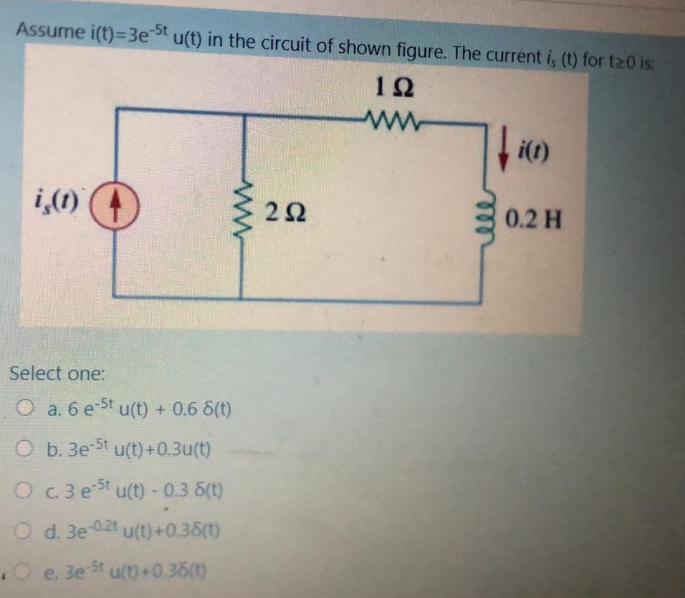 Assume i(t)=3e st u(t) in the circuit of shown figure. The current i, (t) for tz0 is:
-5t
