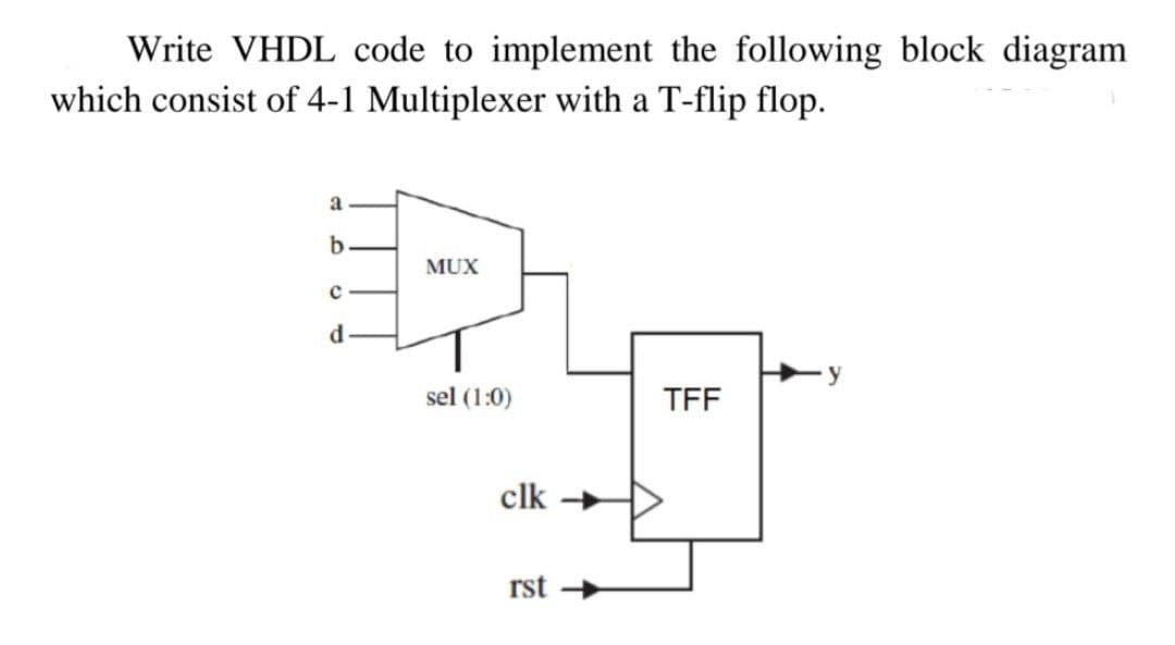 Write VHDL code to implement the following block diagram
which consist of 4-1 Multiplexer with a T-flip flop.
a
MUX
d.
y
sel (1:0)
TFF
clk →
rst →
