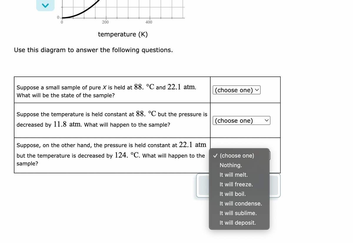 200
400
temperature (K)
Use this diagram to answer the following questions.
Suppose a small sample of pure X is held at 88. °C and 22.1 atm.
What will be the state of the sample?
(choose one)
Suppose the temperature is held constant at 88. °C but the pressure is
(choose one)
decreased by 11.8 atm. What will happen to the sample?
Suppose, on the other hand, the pressure is held constant at 22.1 atm
but the temperature is decreased by 124. °C. What will happen to the
v (choose one)
sample?
Nothing.
It will melt.
It will freeze.
It will boil.
It will condense.
It will sublime.
It will deposit.
