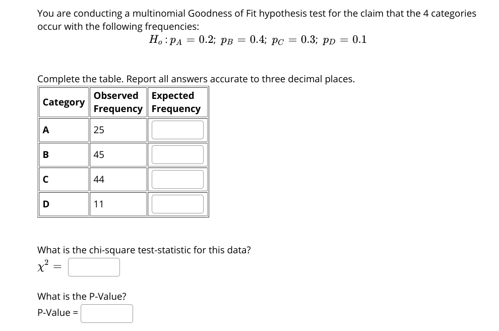 You are conducting a multinomial Goodness of Fit hypothesis test for the claim that the 4 categories
occur with the following frequencies:
Но : РА — 0.2; рв — 0.4; pс — 0.3; pp — 0.1
Complete the table. Report all answers accurate to three decimal places.
Observed Expected
Frequency Frequency
Category
A
|25
45
44
D
11
What is the chi-square test-statistic for this data?
What is the P-Value?
P-Value =
