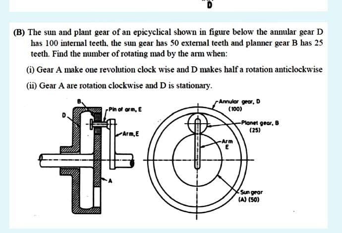 (B) The sun and plant gear of an epicyclical shown in figure below the annular gear D
has 100 internal teeth, the sun gear has 50 external teeth and planner gear B has 25
teeth. Find the number of rotating mad by the arm when:
(i) Gear A make one revolution clock wise and D makes half a rotation anticlockwise
(ii) Gear A are rotation clockwise and D is stationary.
Annular gear, D
(100)
Pin of arm, E
-Planet gear, B
(25)
Arm,E
Arm
Sun gear
(A) (50)
