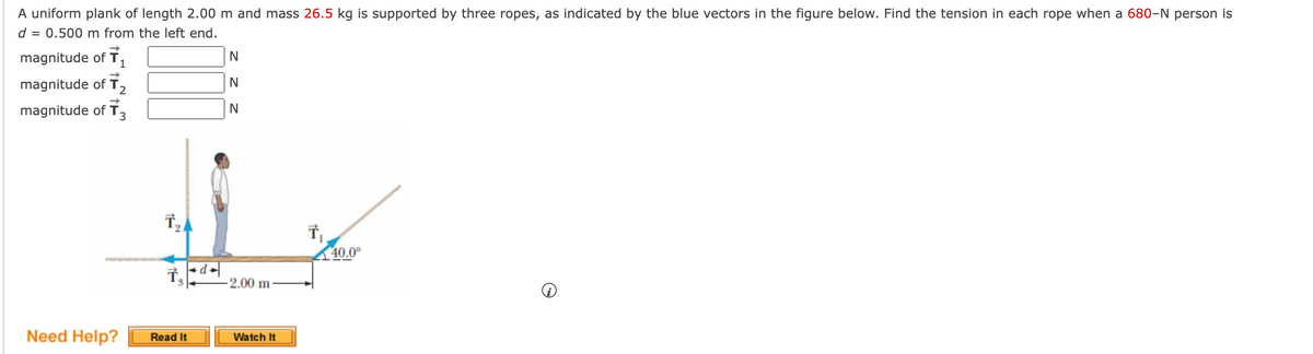 A uniform plank of length 2.00 m and mass 26.5 kg is supported by three ropes, as indicated by the blue vectors in the figure below. Find the tension in each rope when a 680-N person is
d = 0.500 m from the left end.
magnitude of ₁
magnitude of T2
magnitude of 3
Need Help?
T₂
Ť₂
Read It
N
N
N
-2.00 m
Watch It
T₁
40.0⁰