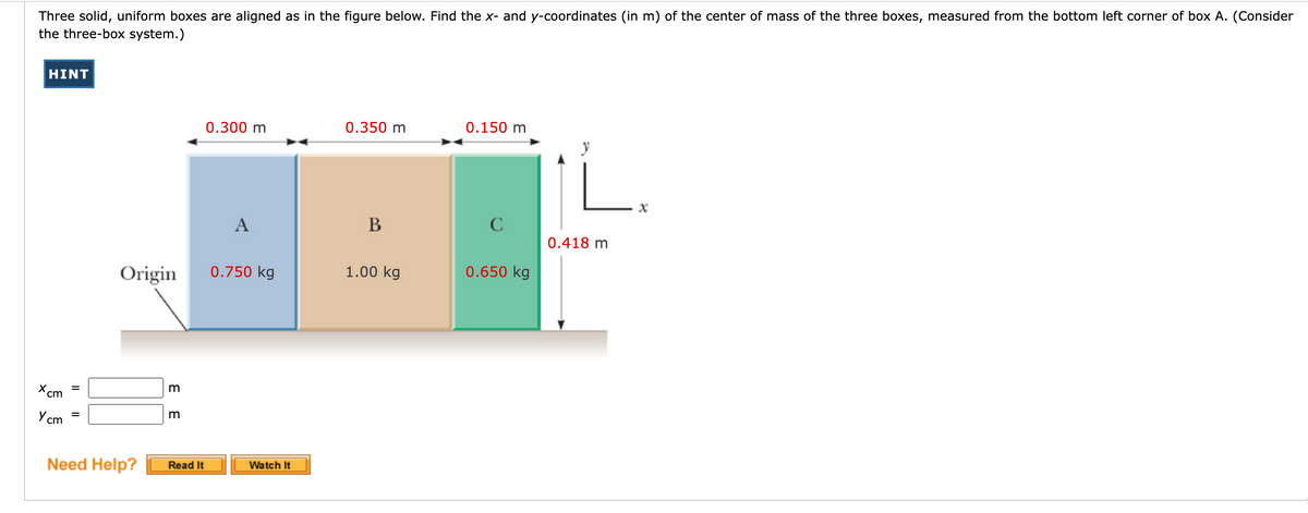 Three solid, uniform boxes are aligned as in the figure below. Find the x- and y-coordinates (in m) of the center of mass of the three boxes, measured from the bottom left corner of box A. (Consider
the three-box system.)
X
HINT
cm
Y cm
=
Origin
Need Help?
E E
m
Read It
0.300 m
A
0.750 kg
Watch It
0.350 m
B
1.00 kg
0.150 m
с
0.650 kg
0.418 m