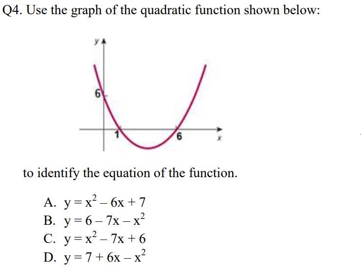 Q4. Use the graph of the quadratic function shown below:
6
to identify the equation of the function.
А. у%3х*— 6х +7
В. у%3D6—7х — х?
С. у%3Dх?— 7x + 6
D. у%3D7+ 6х —х*
X
