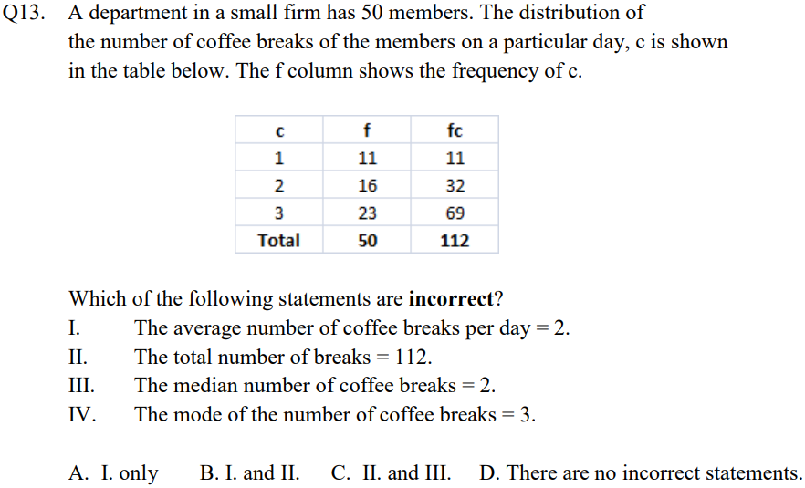 Q13. A department in a small firm has 50 members. The distribution of
the number of coffee breaks of the members on a particular day, c is shown
in the table below. The f column shows the frequency of c.
f
fc
1
11
11
2
16
32
3
23
69
Total
50
112
Which of the following statements are incorrect?
I.
The average number of coffee breaks per day = 2.
The total number of breaks = 112.
II.
III.
The median number of coffee breaks = 2.
IV.
The mode of the number of coffee breaks = 3.
A. I. only
В. I. and II.
C. II. and III. D. There are no incorrect statements.
