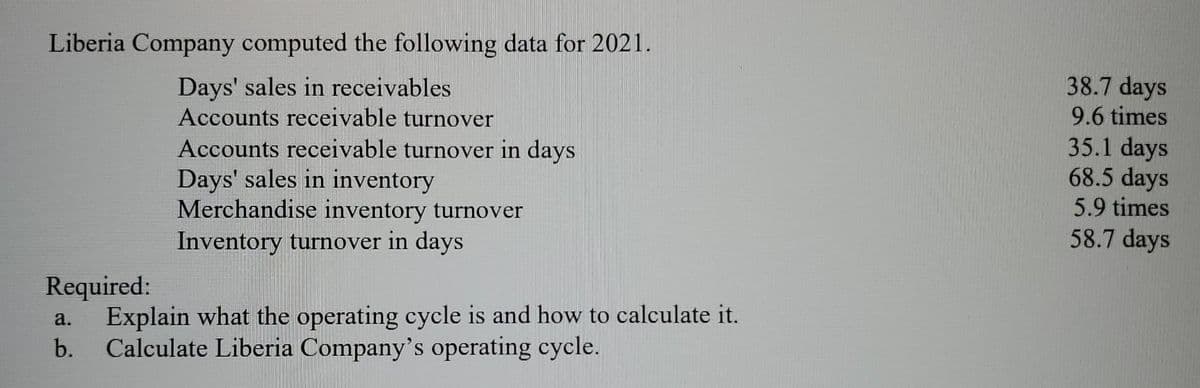 Liberia Company computed the following data for 2021.
Days' sales in receivables
Accounts receivable turnover
Accounts receivable turnover in days
Days' sales in inventory
Merchandise inventory turnover
Inventory turnover in days
Required:
a. Explain what the operating cycle is and how to calculate it.
b. Calculate Liberia Company's operating cycle.
38.7 days
9.6 times
35.1 days
68.5 days
5.9 times
58.7 days
