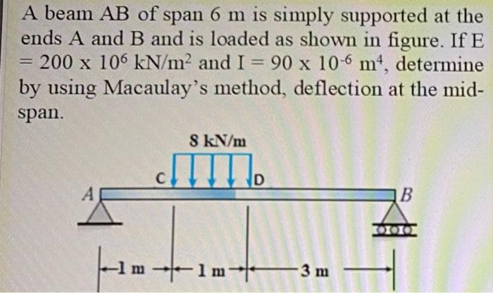 A beam AB of span 6 m is simply supported at the
ends A and B and is loaded as shown in figure. If E
200 x 106 kN/m2 and I 90 x 10-6 mt, determine
by using Macaulay's method, deflection at the mid-
%3D
span.
8 kN/m
C
D
B
000
1m 1 m
3 m
