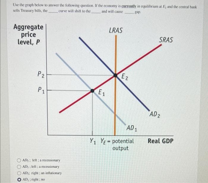 Use the graph below to answer the following question. If the economy is currently in equilibrium at E and the central bank
and will cause
gap.
sells Treasury bills, the curve will shift to the
Aggregate
price
level, P
LRAS
SRAS
P2
E2
P1
E1
AD 2
AD 1
Real GDP
Y YE= potential
output
%3D
AD:: left ; a recessionary
AD : left ; a recessionary
AD;; right; an inflationary
O AD, : right ; no
