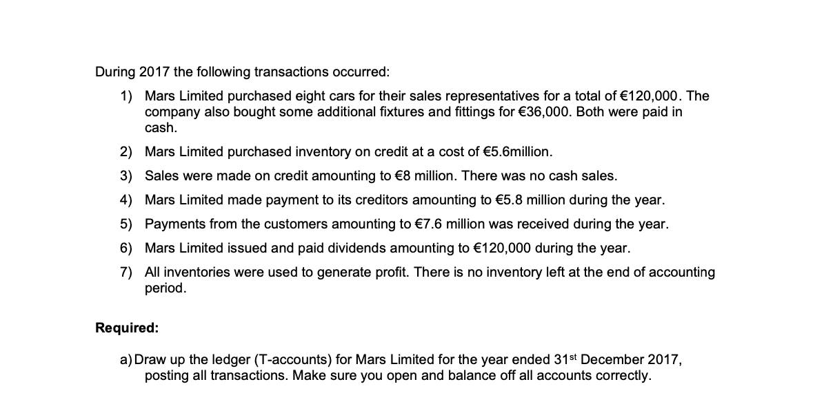 During 2017 the following transactions occurred:
1)
Mars Limited purchased eight cars for their sales representatives for a total of €120,000. The
company also bought some additional fixtures and fittings for €36,000. Both were paid in
cash.
2)
Mars Limited purchased inventory on credit at a cost of €5.6million.
3) Sales were made on credit amounting to €8 million. There was no cash sales.
4)
Mars Limited made payment to its creditors amounting to €5.8 million during the year.
5) Payments from the customers amounting to €7.6 million was received during the year.
6) Mars Limited issued and paid dividends amounting to €120,000 during the year.
7) All inventories were used to generate profit. There is no inventory left at the end of accounting
period.
Required:
a) Draw up the ledger (T-accounts) for Mars Limited for the year ended 31st December 2017,
posting all transactions. Make sure you open and balance off all accounts correctly.
