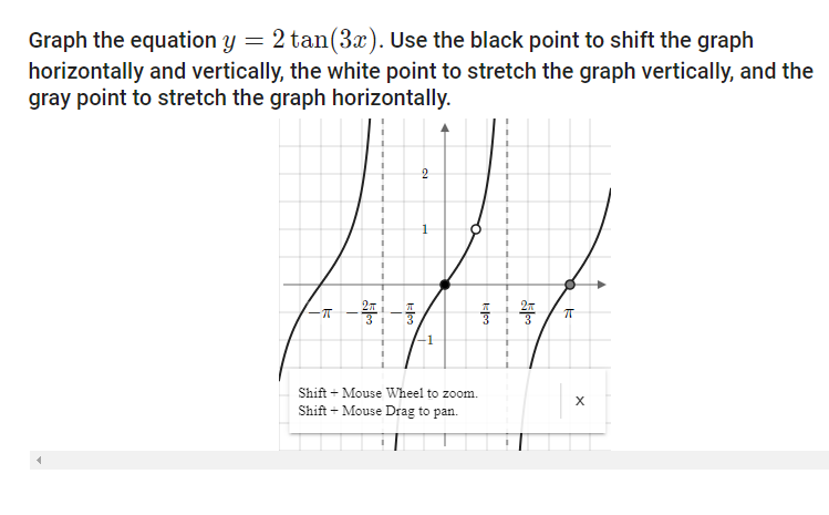 Graph the equation y = 2 tan(3). Use the black point to shift the graph
horizontally and vertically, the white point to stretch the graph vertically, and the
gray point to stretch the graph horizontally.
2
Shift + Mouse Wheel to zoom.
Shift + Mouse Drag to pan.
