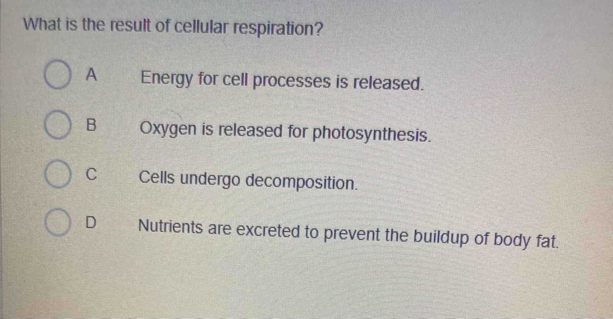 What is the result of cellular respiration?
A
Energy for cell processes is released.
B.
Oxygen is released for photosynthesis.
C.
Cells undergo decomposition.
D
Nutrients are excreted to prevent the buildup of body fat.
