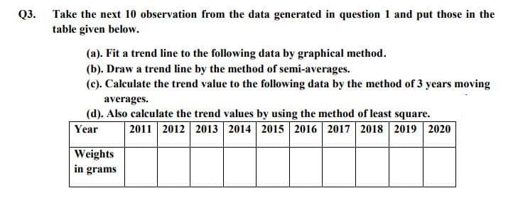 Q3. Take the next 10 observation from the data generated in question 1 and put those in the
table given below.
(a). Fit a trend line to the following data by graphical method.
(b). Draw a trend line by the method of semi-averages.
(c). Calculate the trend value to the following data by the method of 3 years moving
averages.
(d). Also calculate the trend values by using the method of least square.
Year
2011 2012 2013 2014 2015 2016 2017 2018 2019 2020
Weights
in grams
