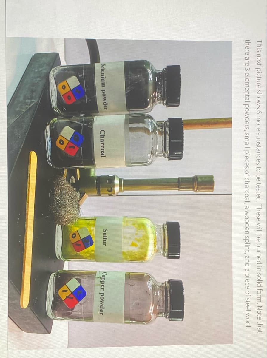 This next picture shows 6 more substances to be tested. These will be burned in solid form. Note that
there are 3 elemental powders, small pieces of charcoal, a wooden splint, and a piece of steel wool.
Selenium powder
Sulfur
Copper powder
Charcoal
