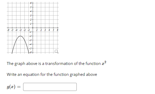 -6 5 4 3 -2
-2
-5
The graph above is a transformation of the function a?
Write an equation for the function graphed above
= (x)6
