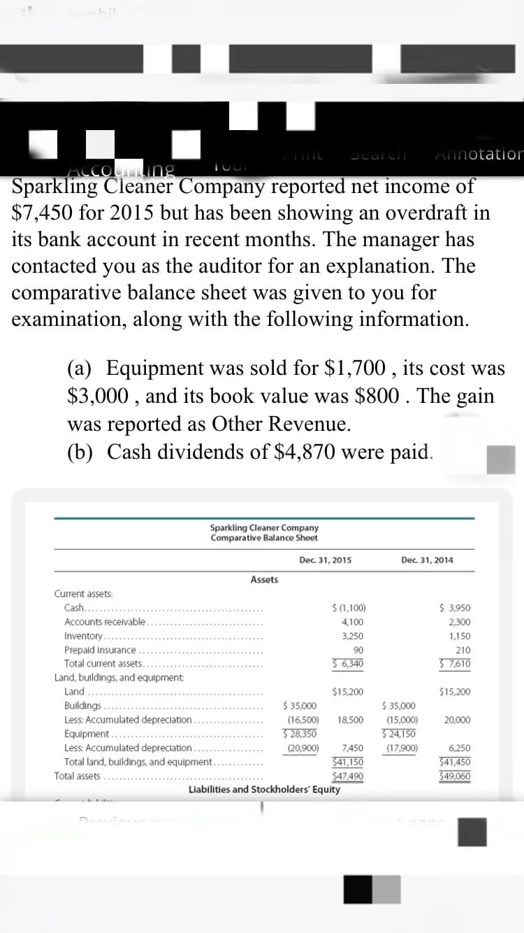 Annotatior
ACCOU ng
Sparkling Cleaner Company reported net income of
$7,450 for 2015 but has been showing an overdraft in
its bank account in recent months. The manager has
contacted you as the auditor for an explanation. The
comparative balance sheet was given to you for
examination, along with the following information.
(a) Equipment was sold for $1,700 , its cost was
$3,000 , and its book value was $800 . The gain
was reported as Other Revenue.
(b) Cash dividends of $4,870 were paid.
Sparkling Cleaner Company
Comparative Balance Sheet
Dec. 31, 2015
Dec. 31, 2014
Assets
Current assets:
Cash.
$ (1,100)
$ 3,950
Accounts recelvable.
4,100
2,300
Inventory.
3,250
1,150
Prepaid insurance
Total current assets
90
210
3 6,340
$ 7,610
Land, buildings, and equipment:
Land
$15,200
$15,200
$ 35,000
$ 35,000
Buildings.
Less: Accumulated depreciation
(16,500)
18,500
(15,000)
20,000
Equipment.
5 28,350
$ 24,150
Less: Accumulated depreciation...
(20,900)
7,450
(17,900)
6,250
Total land, buildings, and equipment.
$41,150
$47,490
Liabilities and Stockholders' Equity
$41,450
$49,060
Total assets
