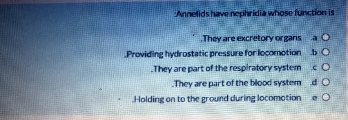 Annelids have nephridia whose function is
They are excretory organs
a O
Providing hydrostatic pressure for locomotion bO
They are part of the respiratory system .cO
They are part of the blood system d O
Holding on to the ground during locomotion
e O

