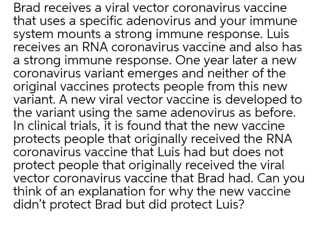 Brad receives a viral vector coronavirus vaccine
that uses a specific adenovirus and your immune
system mounts a strong immune response. Luis
receives an RNA coronavirus vaccine and also has
a strong immune response. One year later a new
coronavirus variant emerges and neither of the
original vaccines protects people from this new
variant. A new viral vector vaccine is developed to
the variant using the same adenovirus as before.
In clinical trials, it is found that the new vaccine
protects people that originally received the RNA
coronavirus vaccine that Luis had but does not
protect people that originally received the viral
vector coronavirus vaccine that Brad had. Can you
think of an explanation for why the new vaccine
didn't protect Brad but did protect Luis?
