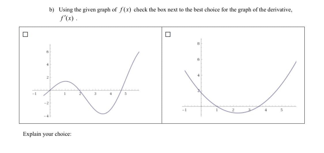 b) Using the given graph of f (x) check the box next to the best choice for the graph of the derivative,
f'(x) .
4
-1
3
4
-2
-1
1
4
Explain your choice:
