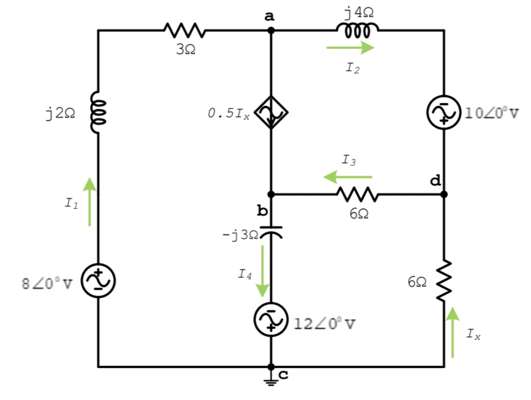 j42
le
a
I2
j20
0.5Ix
1020°v
I3
d
I1
b
-j32
I4
8 20°v
1220°v
Ix
ele
